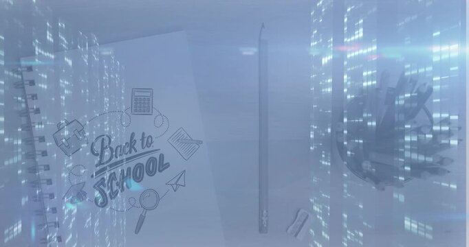 Animation of moving columns over back to school text and school equipment