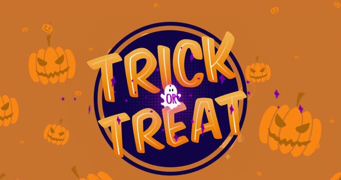 Animation of halloween greetings text over pumpkin pattern on orange background