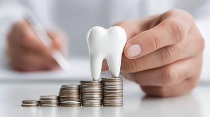 In a well-lit dental office, a dentist sketches notes while holding a tooth model above a stack of coins, symbolizing the value of dental health and care