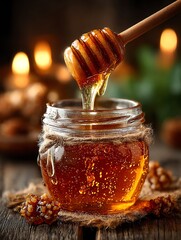 Golden Honey Dripping from Dipper into Rustic Jar on Wooden Table