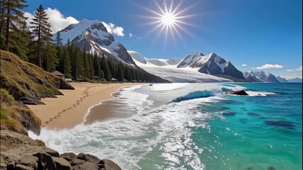 From Ice to Sand: Glacier Melts to Reveal a Stunning Beach Paradise - Powered by Adobe