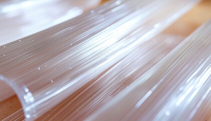 Adhesive film after peel close up showing filament stretch marks. Sticky material texture background for packaging, manufacturing, and lab concepts.