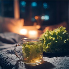 Relaxing bedtime tea scene with lettuce tea, soft lighting, calm night mood, lifestyle photography