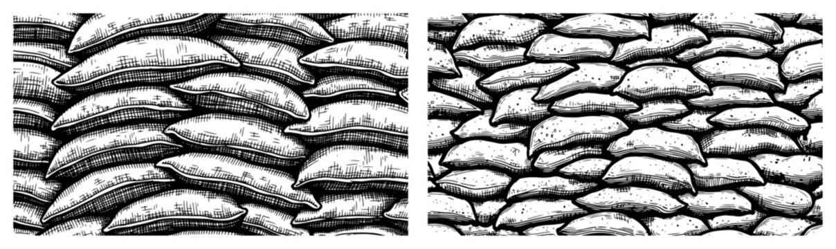 Seamless background texture of stacked military sandbags in vintage engraving style