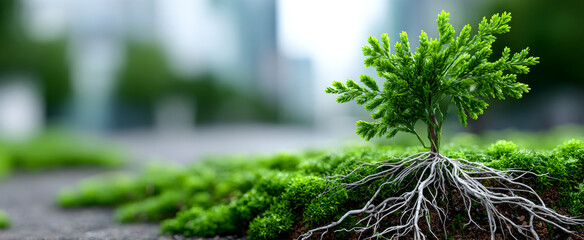 Small tree grows among city buildings. A small tree stands with its roots visible on the ground between green moss in an urban area during the day.