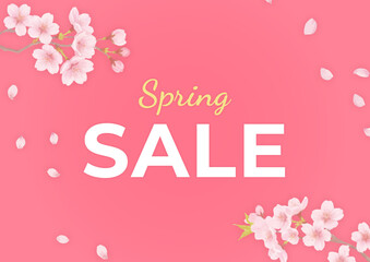 Pink Spring Sale Banner with Cherry Blossoms and Falling Sakura Petals