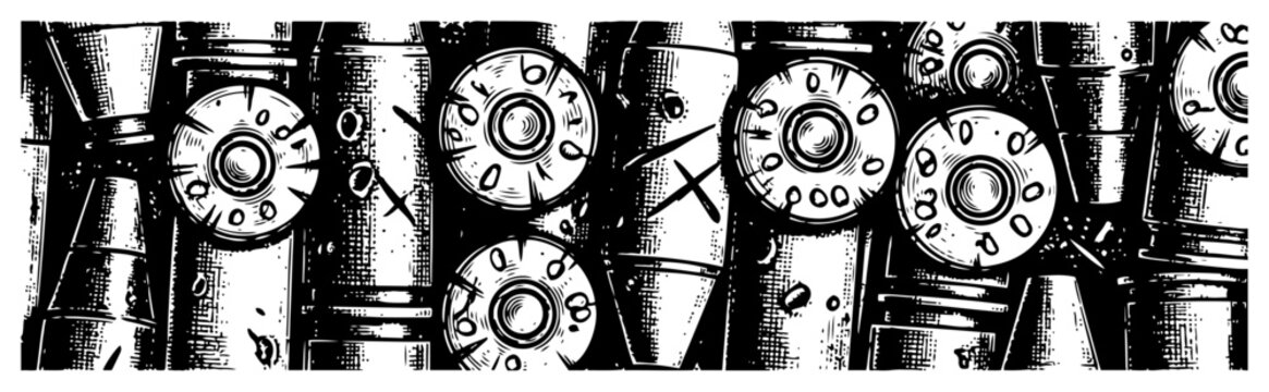 Hand drawn vintage shotgun shell casings background texture in engraving style