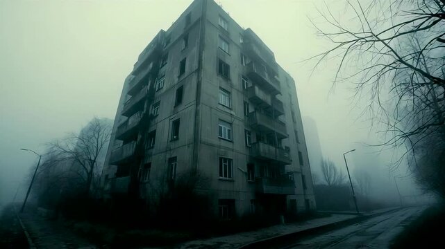 Abandoned concrete apartment building emerging through dense fog on empty street creating eerie urban atmosphere with cold muted light