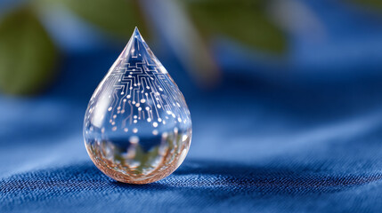 Water drop on blue fabric. A clear drop of water sits on blue fabric with a circuit pattern inside, reflecting light and surrounding colors.