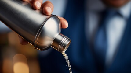 In a bustling cocktail bar, a skilled bartender pours alcohol into a gleaming shaker, showcasing expertise and precision in mixology while preparing a captivating drink