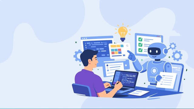 Programmer Working with Artificial Intelligence Robot