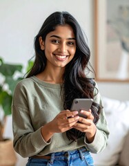Young Indian woman using smartphone at home
