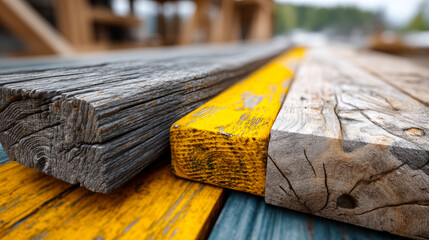 Different pieces of wood on a table. Several wooden planks in various colors rest on a table. The setting appears to be outdoors near some buildings.