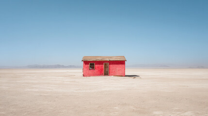 small, weathered red shack stands alone in a vast, barren desert under a clear blue sky, evoking solitude and resilience in a remote, sunbaked environment