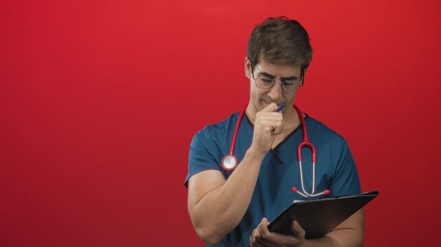 Man doctor in blue scrubs with red stethoscope writing on clipboard holding pen to lips studying chart in studio; contemplation.