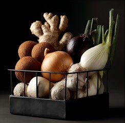 a matte black food basket with a square, four-cornered shape. The basket contains ginger, garlic, linseed, onions, garlic salt, and assorted fresh vegetables.