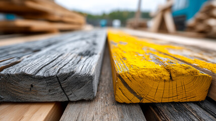 Colored textured wooden planks. Two wooden planks with different colors sit on a table at a construction site.