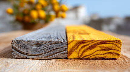 Wood textures/colors in sunlight. Two pieces of wood with different colors and textures rest on a table against a bright background with flowers.
