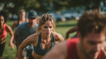 Fototapeta premium Energetic group fitness bootcamp in a vibrant park setting midinterval bodyweight squats with the lead trainer sharply focused and surrounding participants blurred dynamically.