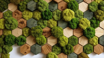 Nature-Inspired Hexagonal Tile Mosaic: Moss, Wood Stone Texture Wall