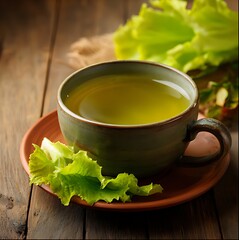 Traditional herbal tea concept, lettuce tea in ceramic cup, wooden table, warm tones.