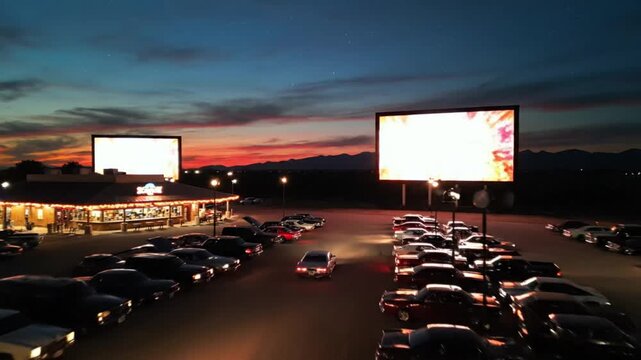 Drive-in Theater at Dusk with Cars and Sunset Sky
