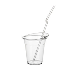 Clear plastic cup with straw, isolated on transparent background
