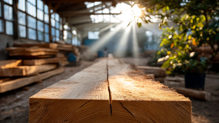 Wooden beams in workshop with sunlight. Sunlight shines through a window in a workshop, highlighting wooden beams on a table and creating a warm atmosphere.