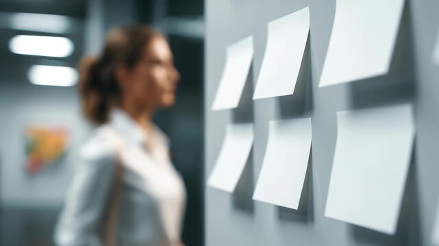 A businesswoman stands in front of a wall covered with sticky notes, focusing on organizing tasks and brainstorming ideas. Modern office environment enhances productivity and creativity