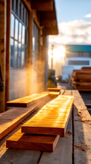 Obraz premium Sunset over wooden boards in a workshop. Wooden boards sit on a table as steam rises in a workshop during sunset with light shining in through the windows.