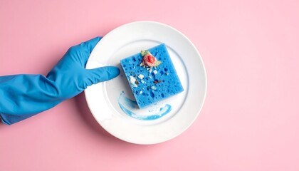 Hand in glove washing a plate with sponge.