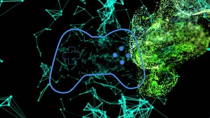 Animation of gamepad icon over light trails and connections on black background - Powered by Adobe