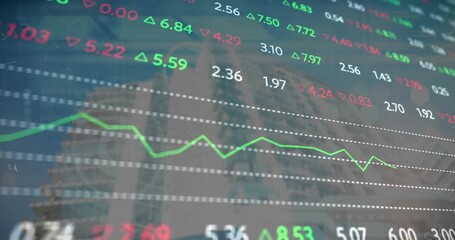 Animation of stock market data processing against tall buildings - Powered by Adobe