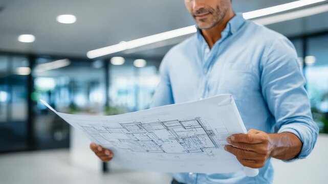 Confident architect in a modern office carefully examines detailed blueprints for a new construction project. Professional planning and innovation are evident in his focused demeanor