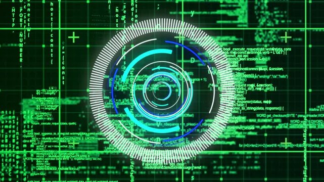 Animation of circles over grid pattern against computer programming language on black background