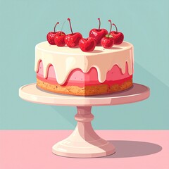 Delicious Strawberry Cake with Fresh Cherries on Stand, Pastel Background, Food Photography