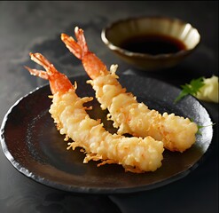Shrimp tempura two pieces, the delicate crunch, served with a small plate of dipping sauce on the side. Dark neutral background, soft natural lighting.