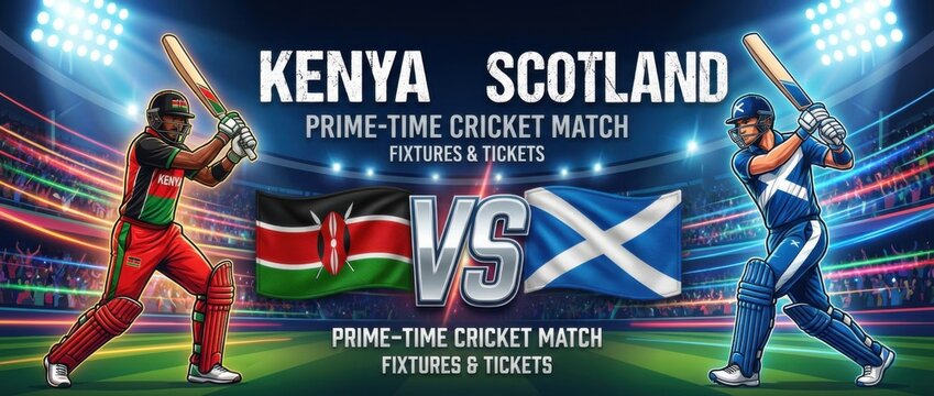 kenya vs scotland prime-time cricket match poster template featuring two rival batters facing off with raised bats