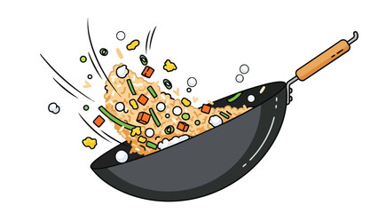 Dynamic culinary action in a wok, vibrant fried rice ingredients skillfully tossed in an energetic kitchen scene, creating a delicious meal
