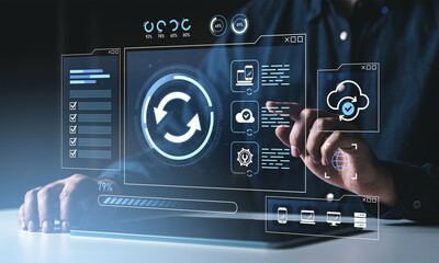 Digital data synchronization interface with futuristic dashboard concept on virtual screen background and user interacting with cloud technology system.