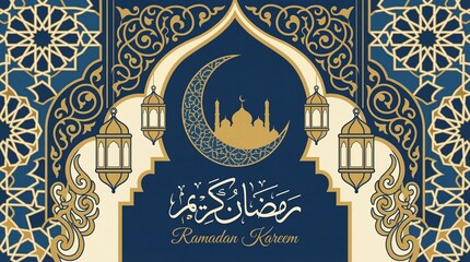 Ramadan Kareem Background with Crescent Moon and Islamic Spiritual Concept