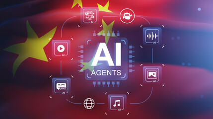 AI agents technology concept on digital China flag background showcasing creative artificial intelligence icons and futuristic interface design.