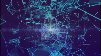 Animation of plexus network floating over security padlock icon and light on blue background - Powered by Adobe