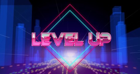 Animation of level up text over light trails and digital city on black background - Powered by Adobe