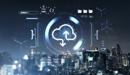 Cloud storage concept with futuristic digital interface and data transfer symbols over modern city skyline at night.