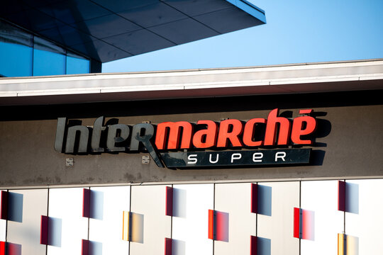 Poland, Stalowa Wola - 21.06.2025: Intermarch&eacute; store with logo sign. French commercial supermarket chain shop, part of the Les Mousquetaires retail group. Hypermarket signboard with brand logotype