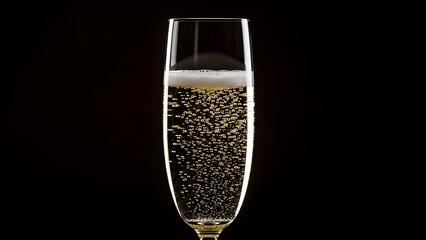 Bubbly champagne flute with golden sparkling wine against a dramatic dark background