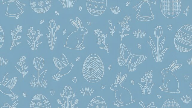 Delicate spring and easter pattern featuring bunnies, eggs, and flowers on a soft blue background - Powered by Adobe