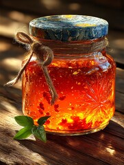 Artisanal Chili Sauce Jar with Fresh Herbs in Natural Light