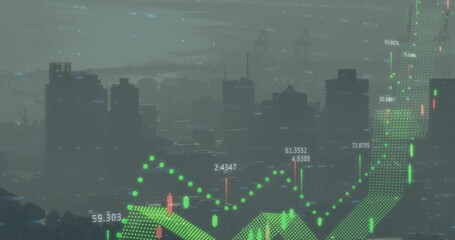 Animation of financial data processing over cityscape - Powered by Adobe